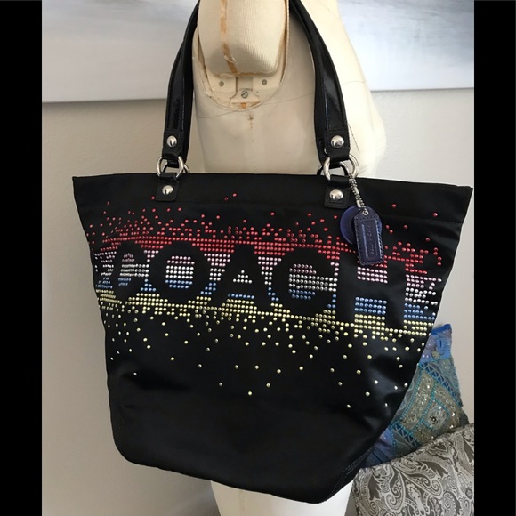 Coach Handbags - Coach limited edition rhinestone bedazzled tote purse black satin leather straps